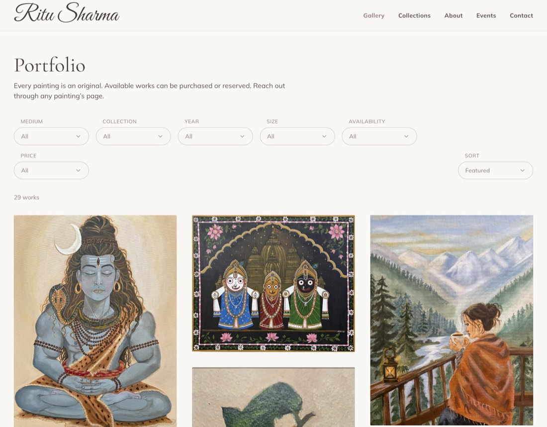 The Ritu Sharma Art portfolio page: a filter bar over a masonry grid of original paintings.
