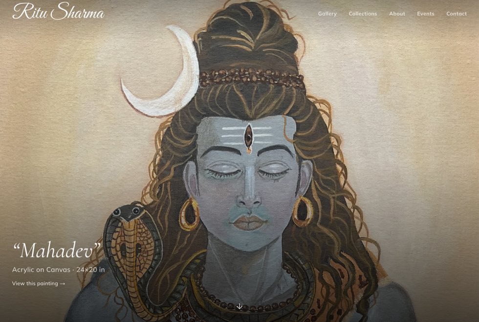The Ritu Sharma Art homepage: a full-bleed painting titled Mahadev with the site navigation.